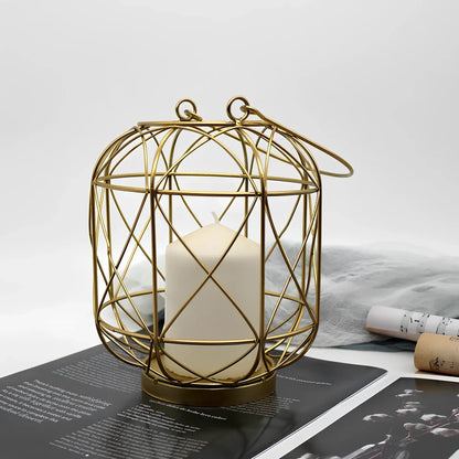 Geometric European style iron candlestick holder in gold or black, 20-21cm tall with baked paint finish