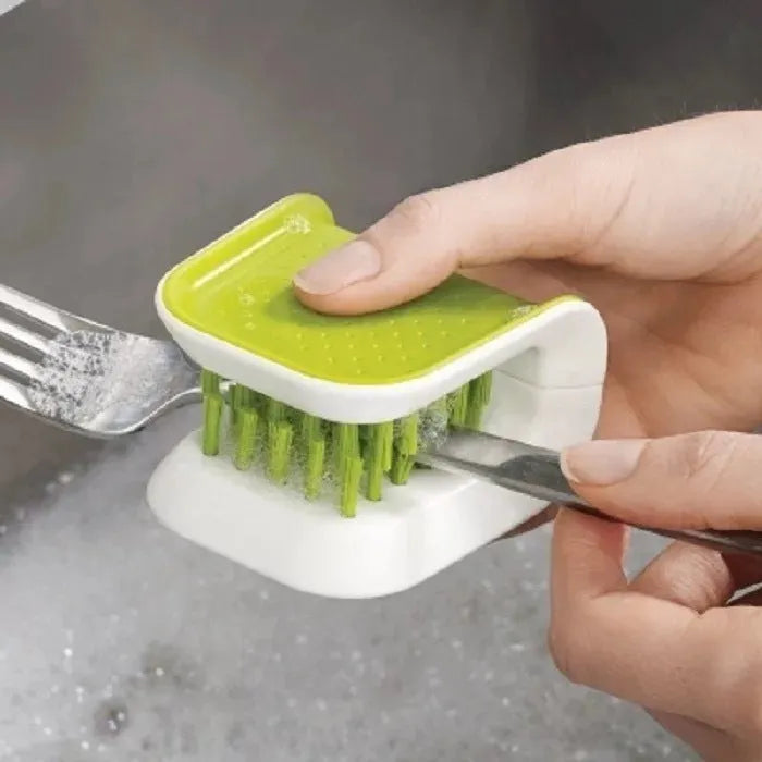 Blue U-shaped knife and cutlery cleaning brush with bristles for kitchen utensil cleaning
