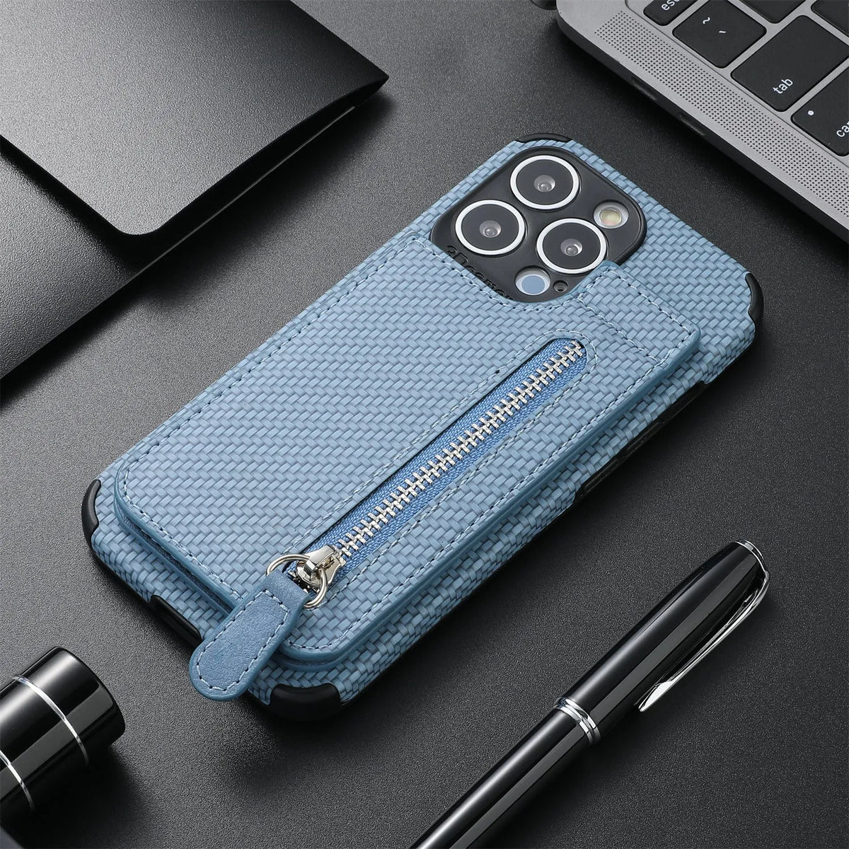 Card holder phone case with wallet bracket and zipper protective sleeve in TPU leather for iPhone models, back cover view