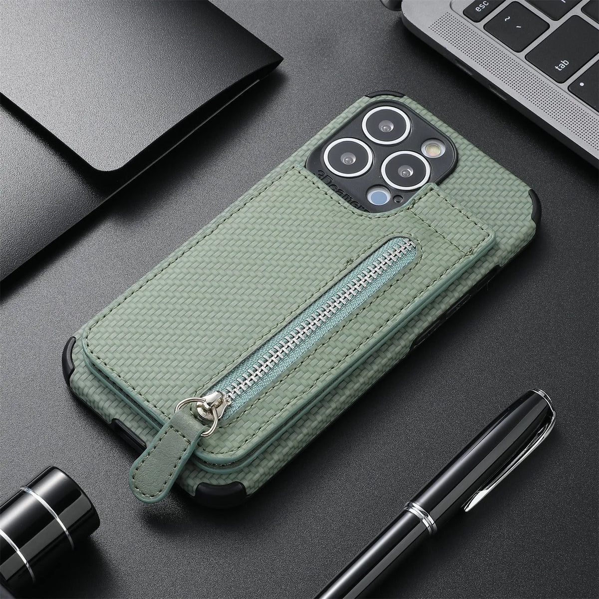 Card holder phone case with wallet bracket and zipper protective sleeve in TPU leather for iPhone models, back cover view