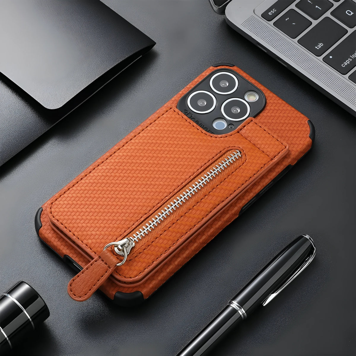 Card holder phone case with wallet bracket and zipper protective sleeve in TPU leather for iPhone models, back cover view