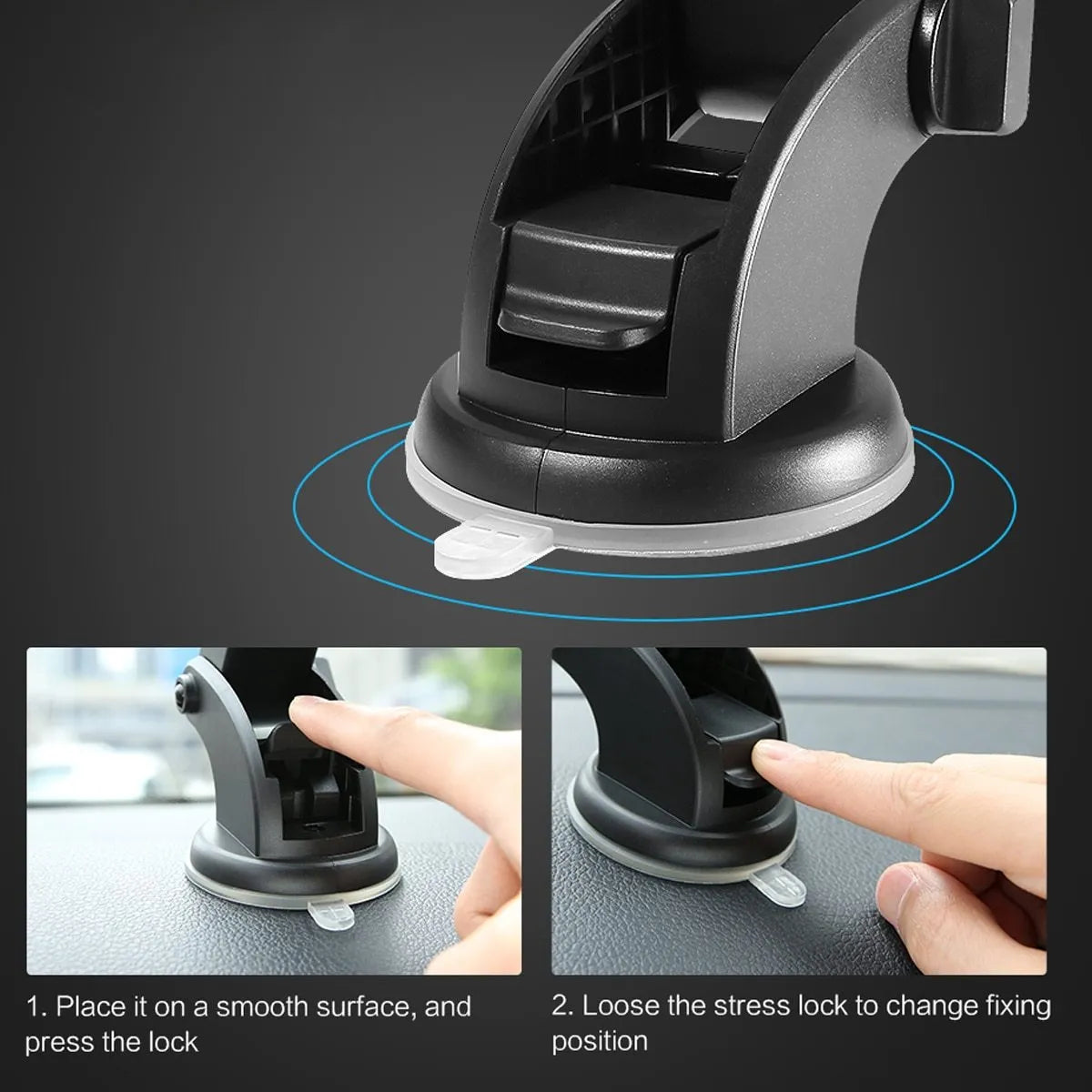 Yellow and black car phone holder with telescopic arm extended, gel pad, and 360-degree rotation on a dashboard