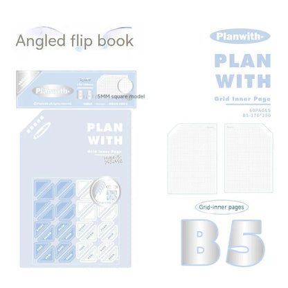 Oblique Angle notebook with 60 sheets, A5 or B5 size, white or plaid blue cover options for student use
