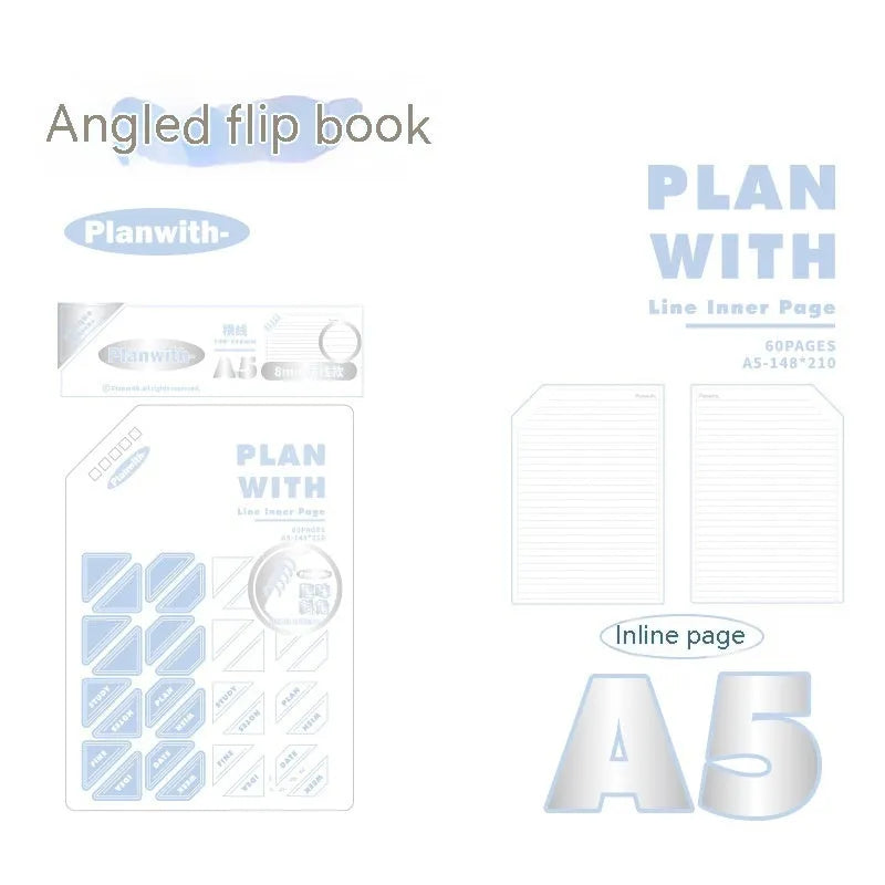 Oblique Angle notebook with 60 sheets, A5 or B5 size, white or plaid blue cover options for student use