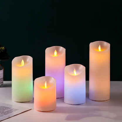 LED electronic candle lamp with remote control in cylindrical paraffin casing