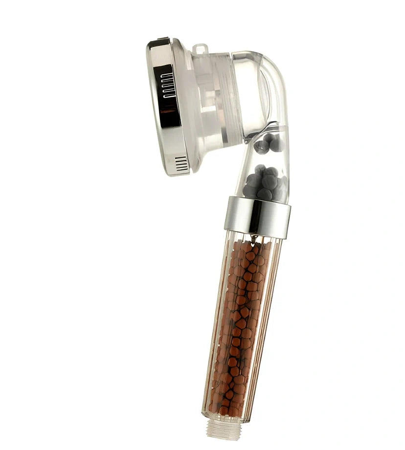 Pressurised shower head with stainless steel panel showing three water mode settings and removable nozzles