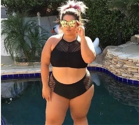 Large split bikini in black, sizes S to 7XL, made from 100% polyester fiber