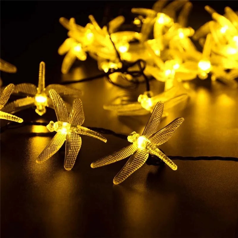 Outdoor solar powered dragonfly LED string lights with 20 warm white lights on 5 metre cable