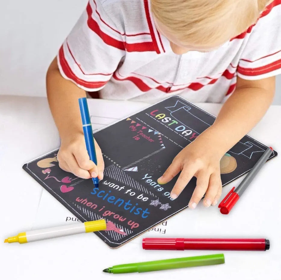 Wooden First Day Of School blackboard ornament with modern simplicity design on a density plate.
