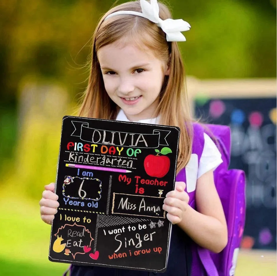 Wooden First Day Of School blackboard ornament with modern simplicity design on a density plate.