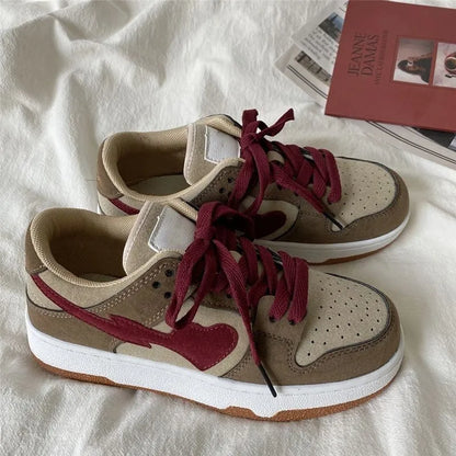 Women's brown artificial PU bread sneakers with mid muffin heel, round toe, low top and front lace-up, sizes 35-40.