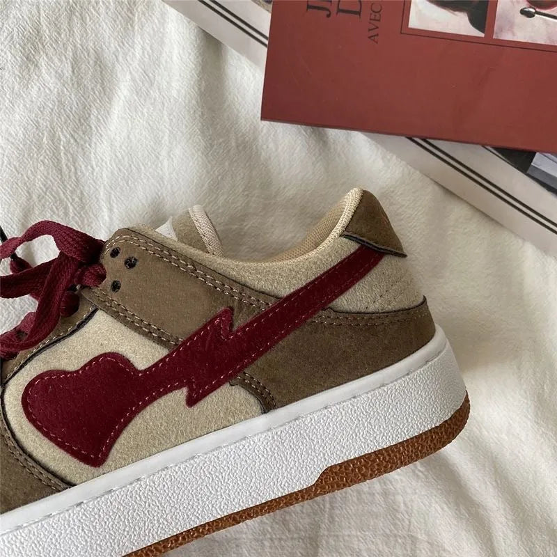 Women's brown artificial PU bread sneakers with mid muffin heel, round toe, low top and front lace-up, sizes 35-40.