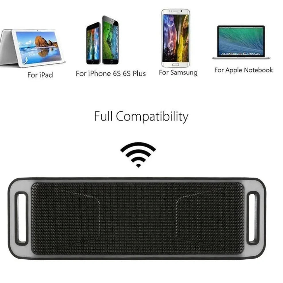 Blue portable Bluetooth speaker with dual speakers showing dimensions 20x6.5x4cm