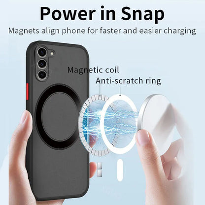 Samsung phone case with magnetic suction, frosted hard PC back and soft TPU edges in black, blue, red, or green.
