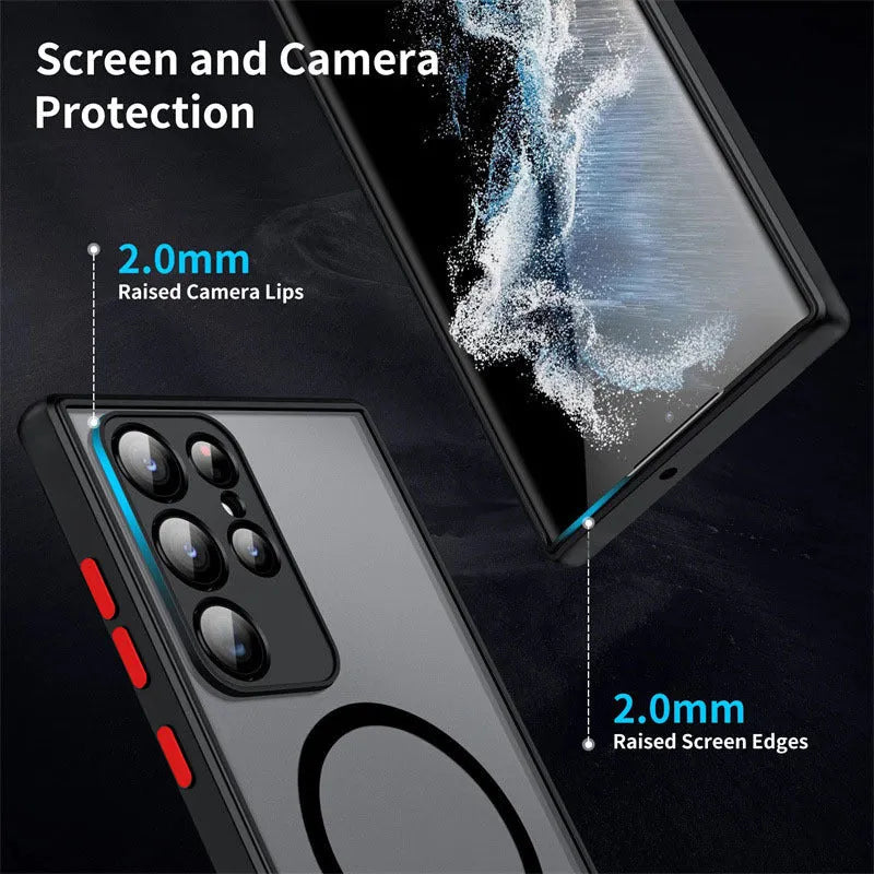 Samsung phone case with magnetic suction, frosted hard PC back and soft TPU edges in black, blue, red, or green.