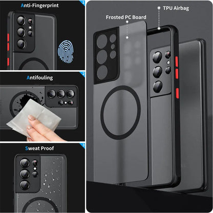 Samsung phone case with magnetic suction, frosted hard PC back and soft TPU edges in black, blue, red, or green.
