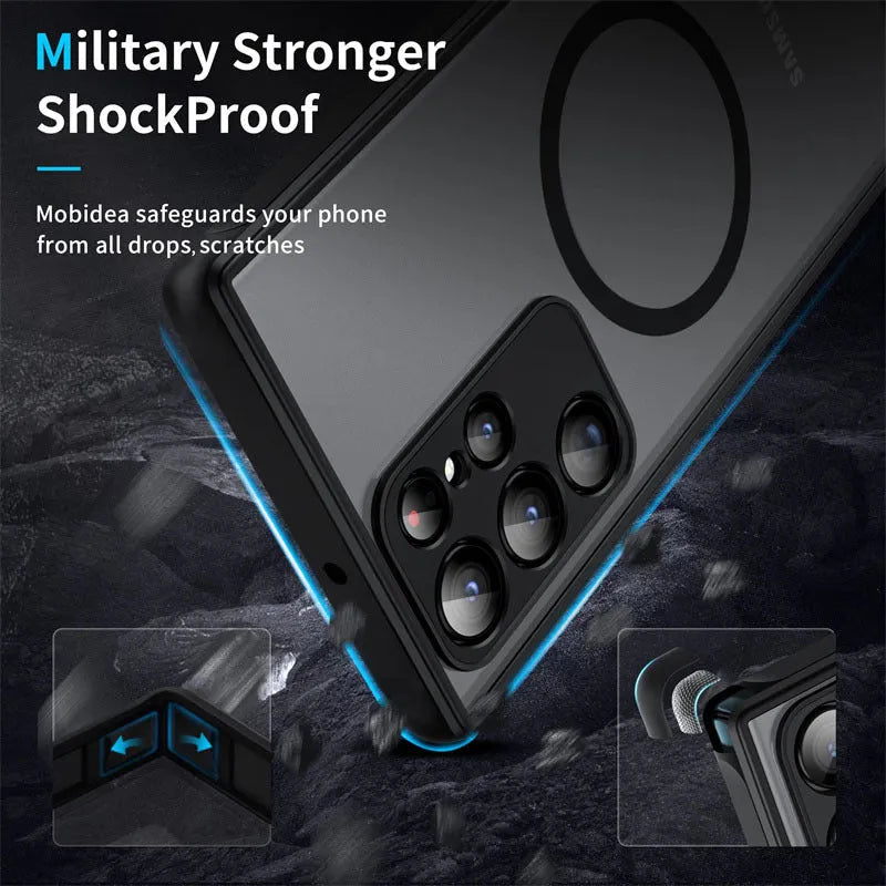 Samsung phone case with magnetic suction, frosted hard PC back and soft TPU edges in black, blue, red, or green.