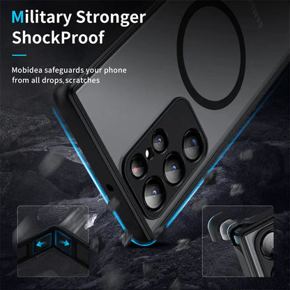 Samsung phone case with magnetic suction, frosted hard PC back and soft TPU edges in black, blue, red, or green.