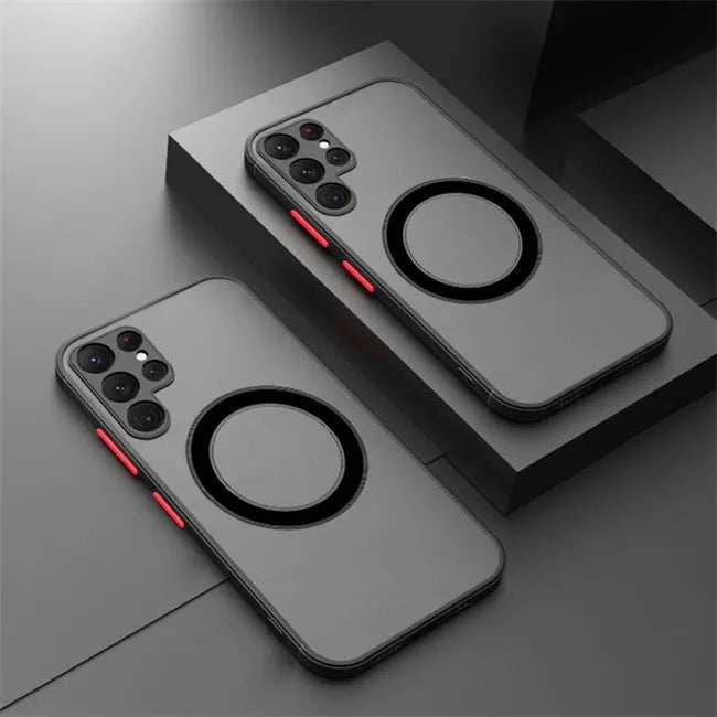 Samsung phone case with magnetic suction, frosted hard PC back and soft TPU edges in black, blue, red, or green.