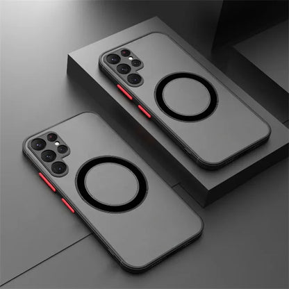 Samsung phone case with magnetic suction, frosted hard PC back and soft TPU edges in black, blue, red, or green.