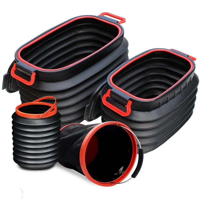 Vehicle-mounted retractable fishing car washing bucket in black and red