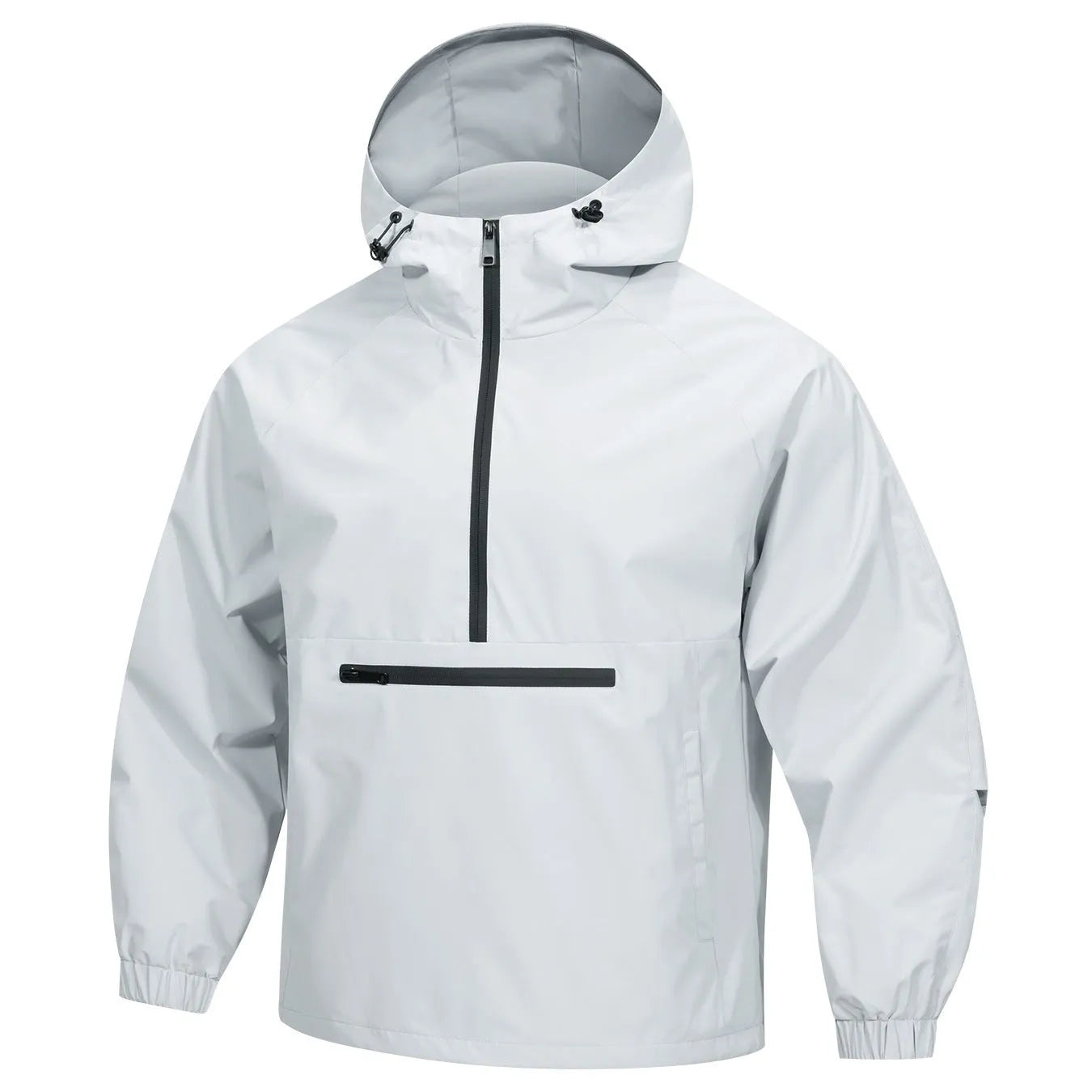Man wearing a light grey loose-fit half-zip hooded corduroy jacket with rabbit fur.