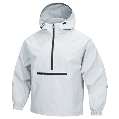 Man wearing a light grey loose-fit half-zip hooded corduroy jacket with rabbit fur.