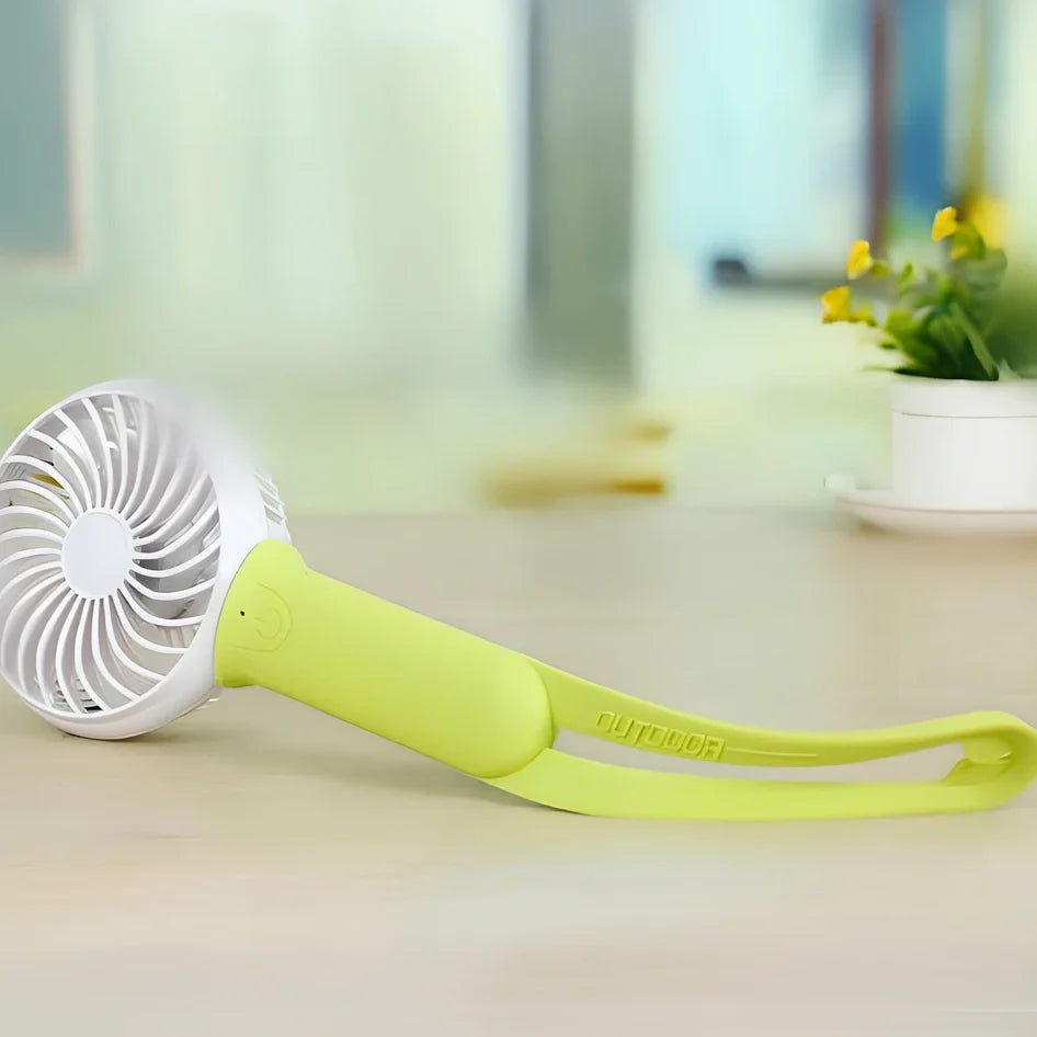 Mini USB hand fan with 200mm blades and LED light in blue, green, grey, or pink colours