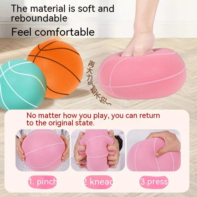 Indoor toddler silent basketball toy with elastic band in orange, cyan, blue, and pink