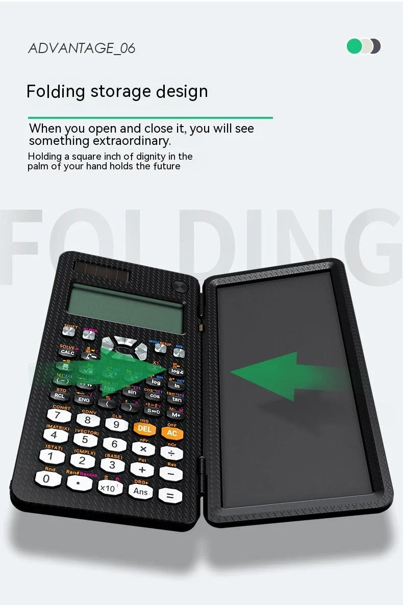 Ergonomic 2-in-1 scientific calculator with foldable writing pad, blue LCD screen, and compact design