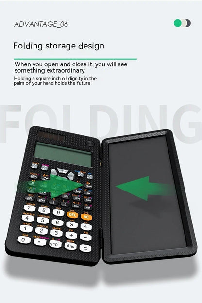 Ergonomic 2-in-1 scientific calculator with foldable writing pad, blue LCD screen, and compact design