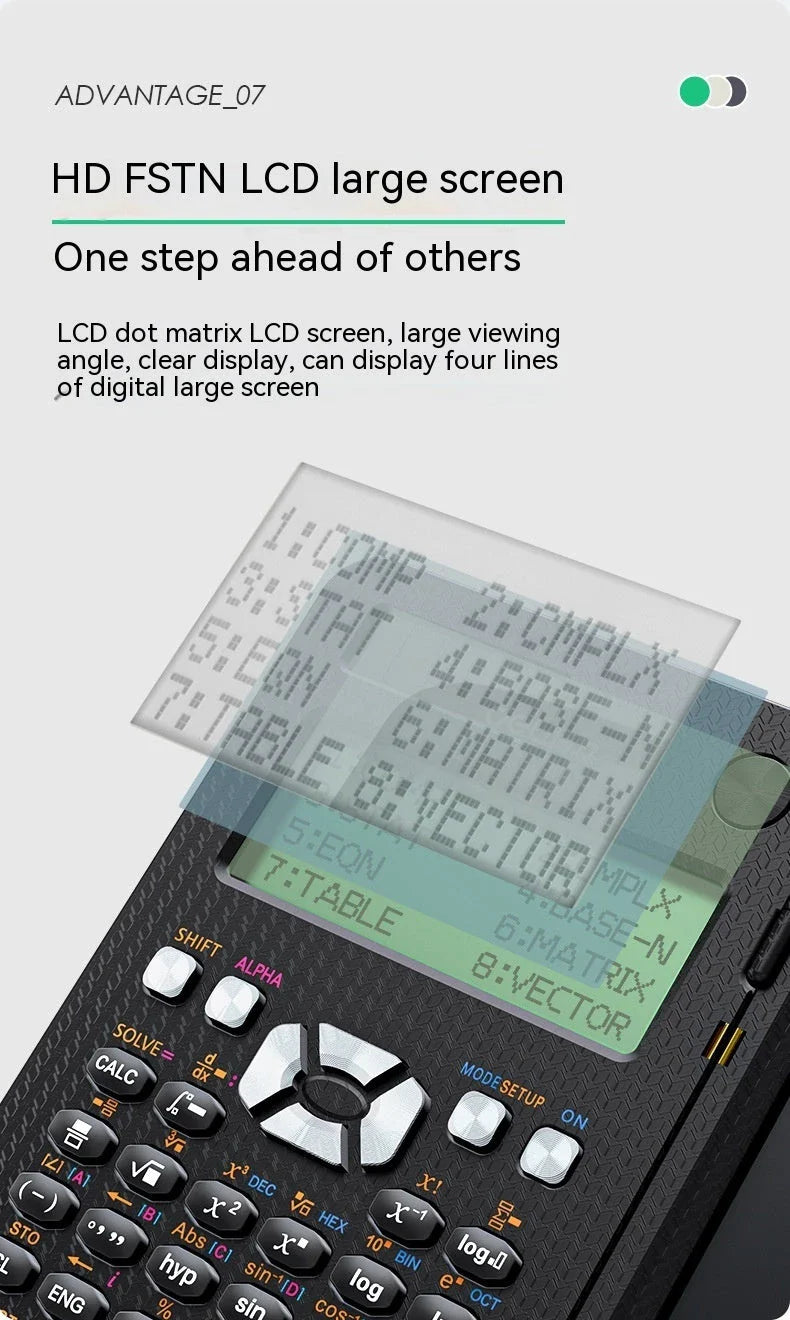 Ergonomic 2-in-1 scientific calculator with foldable writing pad, blue LCD screen, and compact design