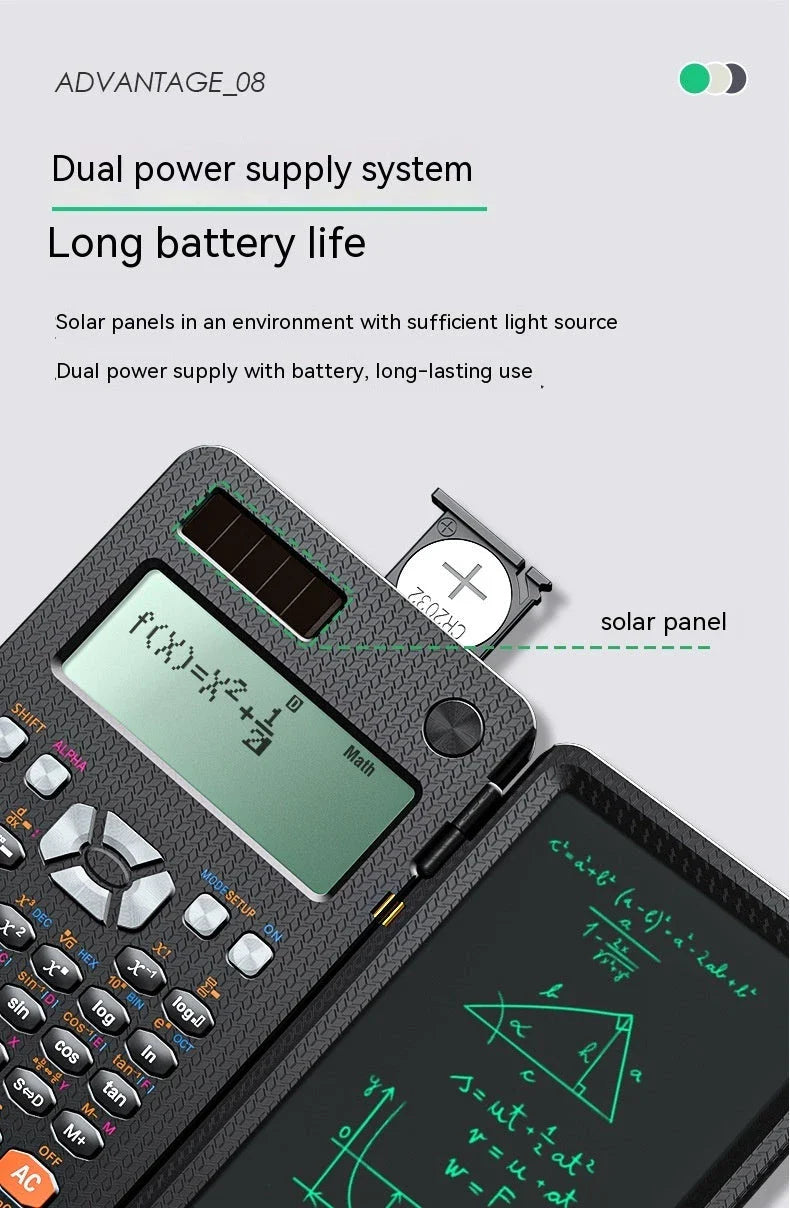 Ergonomic 2-in-1 scientific calculator with foldable writing pad, blue LCD screen, and compact design