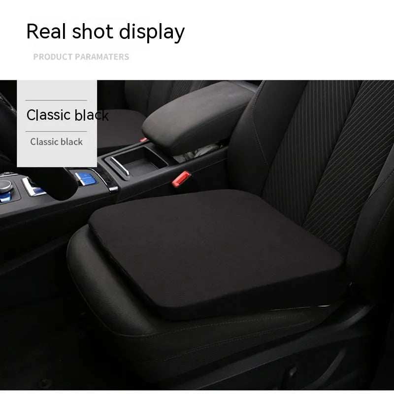 Black thick foam car seat cushion for height adjustment, shown on a car seat.