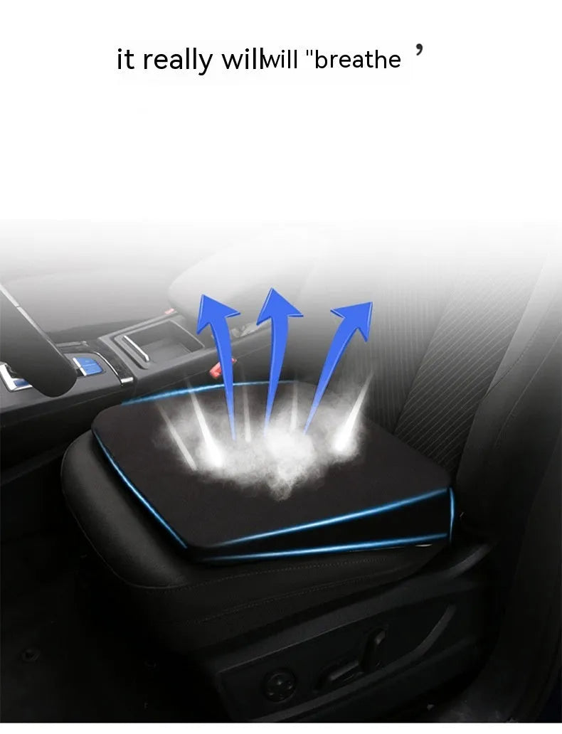 Black thick foam car seat cushion for height adjustment, shown on a car seat.