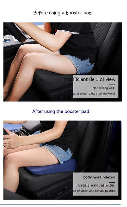 Black thick foam car seat cushion for height adjustment, shown on a car seat.