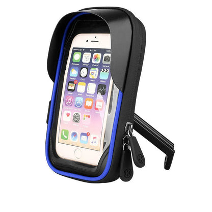 Black mobile phone mount with waterproof zipper attached to a bicycle handlebar, holding a smartphone.