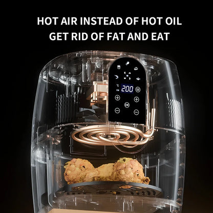Black touch screen air fryer with 4.5-6L capacity and 1350W power rating