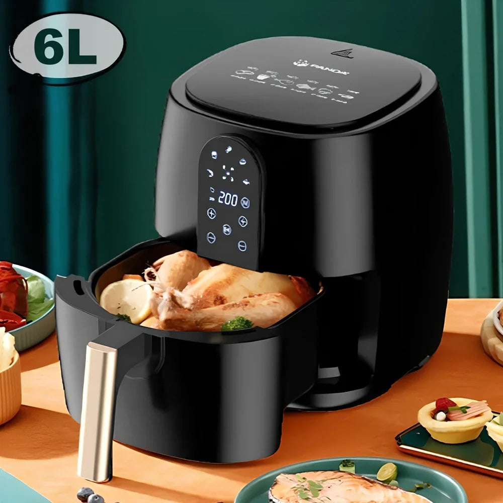 Black touch screen air fryer with 4.5-6L capacity and 1350W power rating