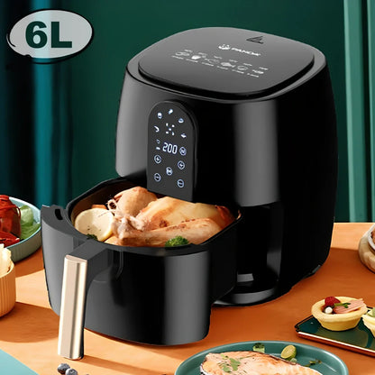 Black touch screen air fryer with 4.5-6L capacity and 1350W power rating