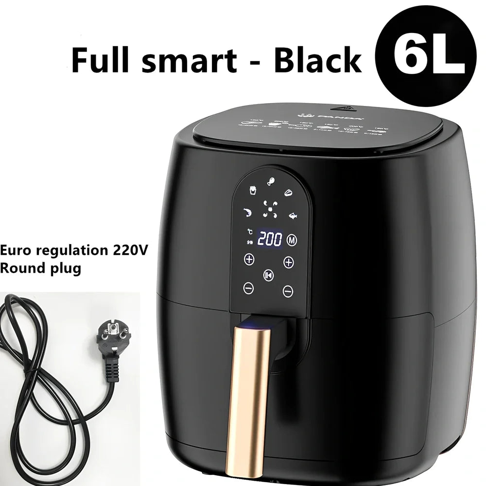 Black touch screen air fryer with 4.5-6L capacity and 1350W power rating