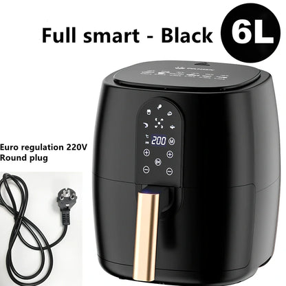 Black touch screen air fryer with 4.5-6L capacity and 1350W power rating
