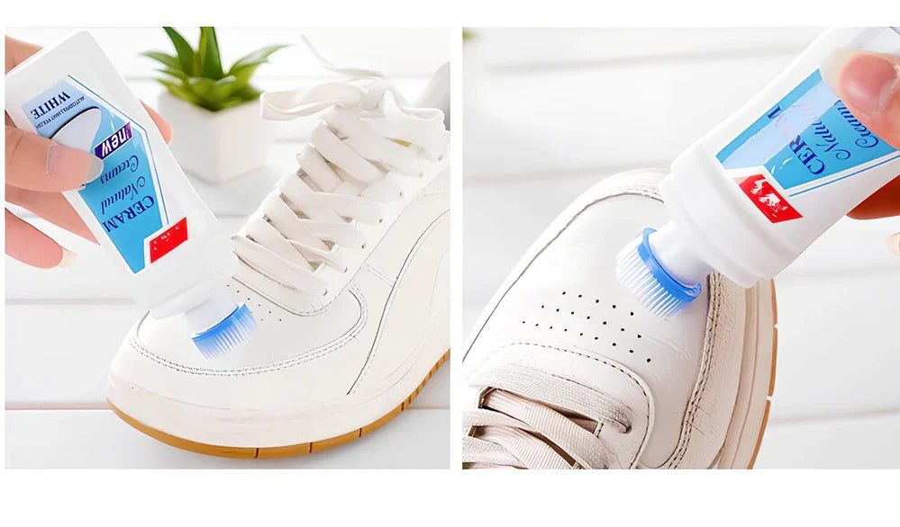 White liquid decontamination shoe cleaner bottle for stain removal and bacterial reduction on footwear