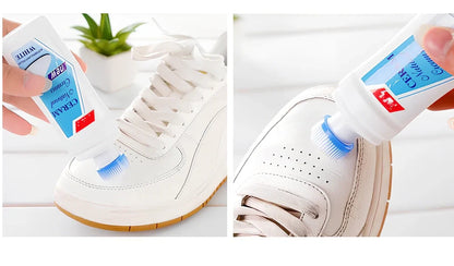White liquid decontamination shoe cleaner bottle for stain removal and bacterial reduction on footwear