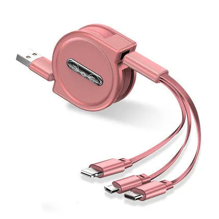 Black telescopic 3-in-1 charging cable extended to full 120cm length, showing three connector tips.