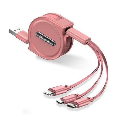 Black telescopic 3-in-1 charging cable extended to full 120cm length, showing three connector tips.