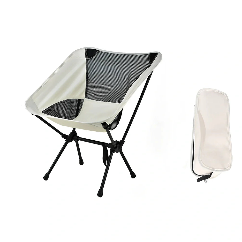 Outdoor folding chair with 600D Oxford cloth in ivory white, shown in folded position with storage bag