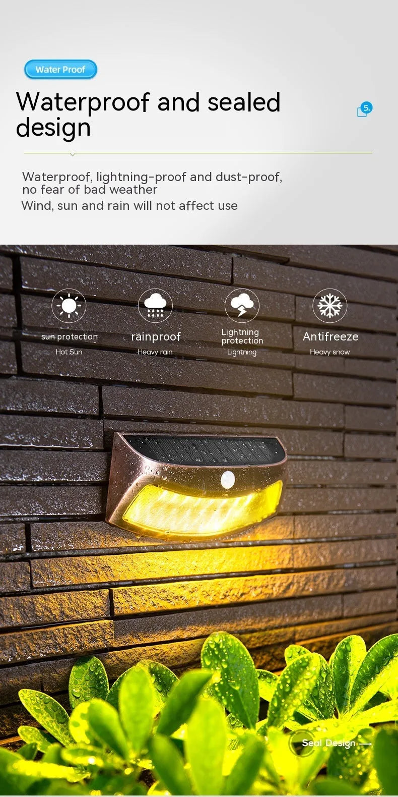 Solar outdoor wall lamp with smiling face design measuring 153mm × 76mm × 38mm for garden lighting
