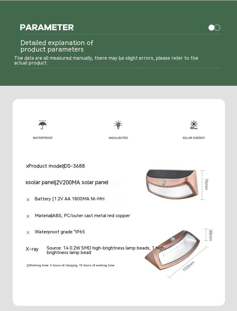 Solar outdoor wall lamp with smiling face design measuring 153mm × 76mm × 38mm for garden lighting