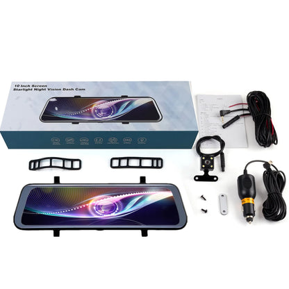 Black 10-inch touchscreen car driving recorder integrated into a rearview mirror design